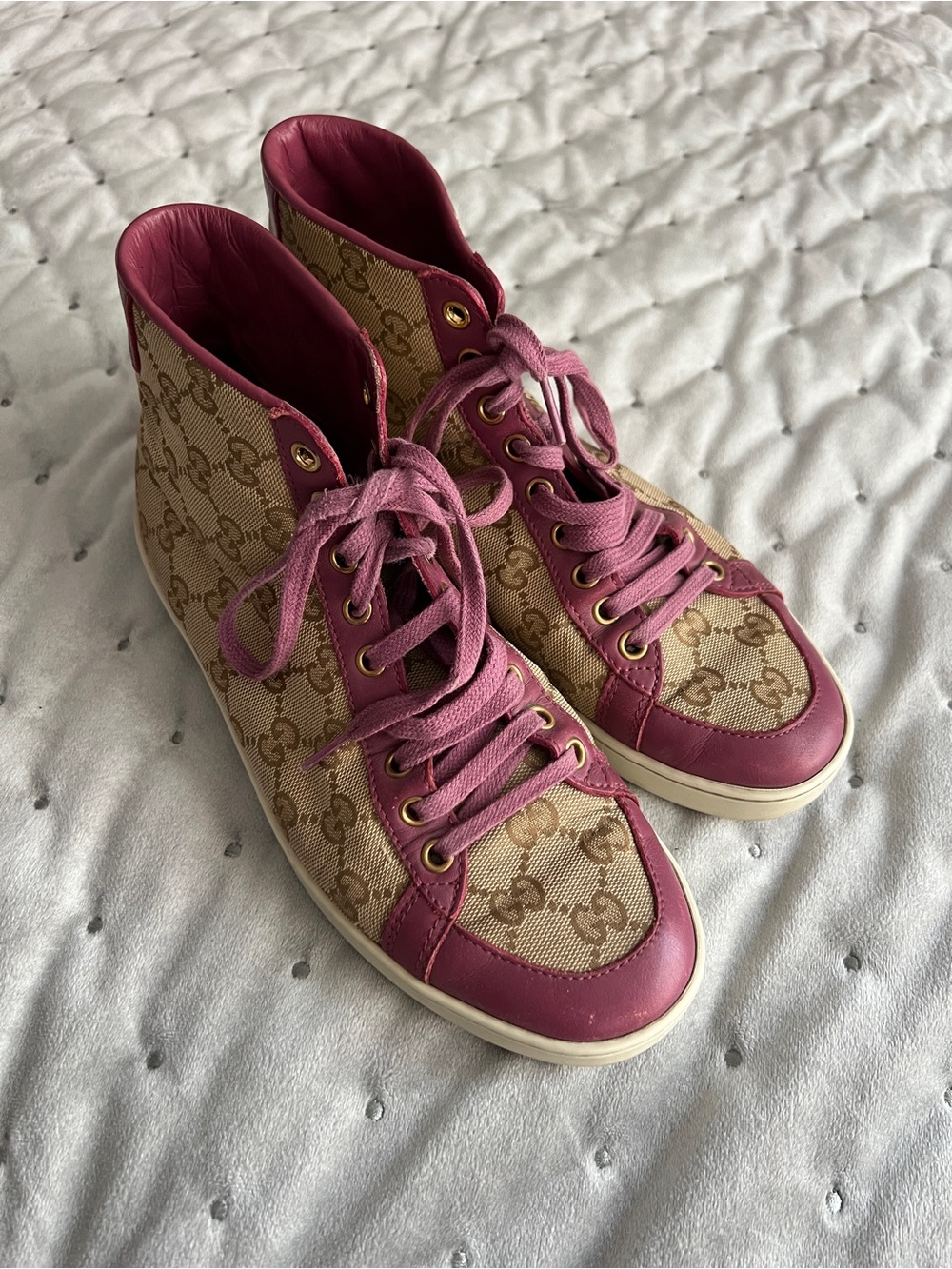 Gucci Beige GG Canvas High-Top Sneakers with Pink Trim